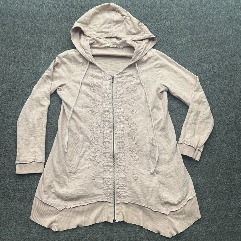Soft Surroundings Jacket M Pink Blush Embroidered Hoodie‎ Zip Front Boho Fairy
